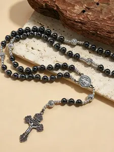 Natural Beaded Prayer Necklace, Layerable Long Chain, Vintage Cross Pendant, Rose Portrait Charm, Men's Sweater Chain