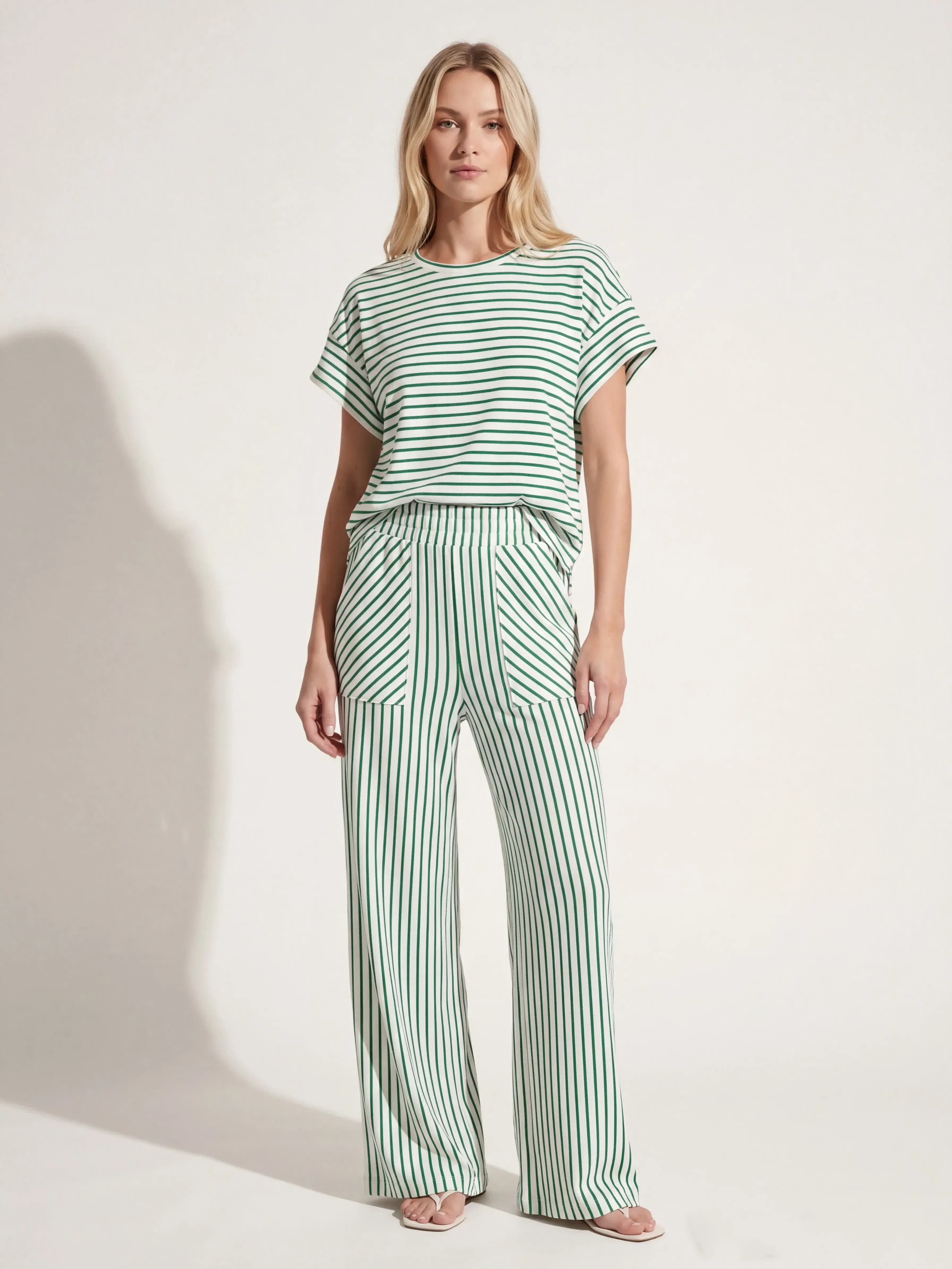 Women's 2 Piece Casual Loungewear Set, Striped Batwing Sleeve Top and High Waist Wide Leg Pants with Pockets