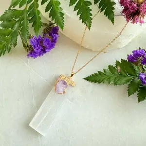 Selenite and Amethyst Pendant Necklace, Gold Chain Natural Crystal Jewelry , Cottagecore Gift, Earthy Necklace for Her