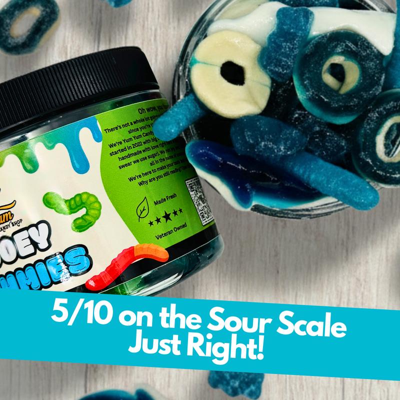 Yum Yum Gooey Gummies Blue Raspberry Wild Cherry Green Apple Sour Ooze Chewy Fruity Punch Snack