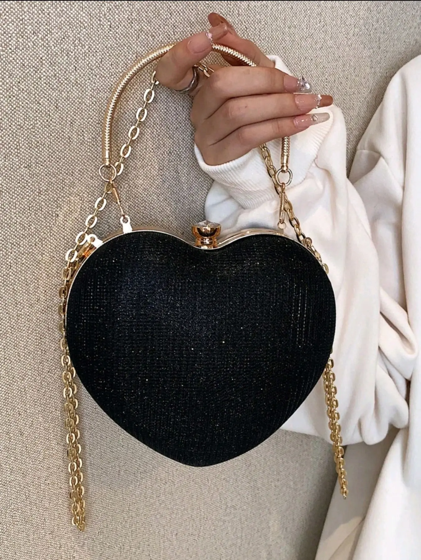 Glamorous Glitter Bling, Sequin, Luxury, Shiny Women's Heart Shaped Rhinestone Evening Clutch Bag, Luxury Designer Girls Glitter Crystal Handbag With Chain Strap, Y2k Style Novelty Bag Purse For Wedding Party Evening Bag, Dinner Bag For Party Girl