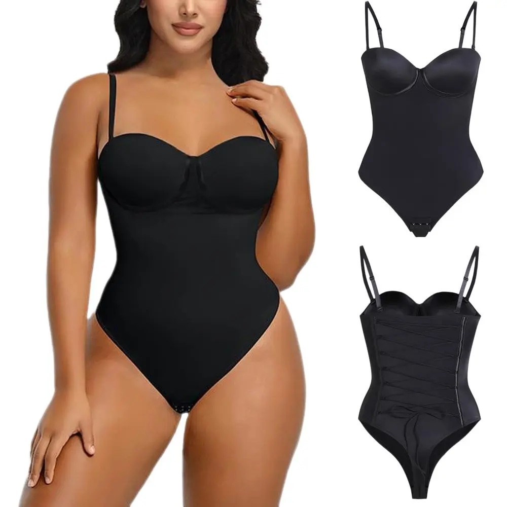 Curvy-faja Seamless Bodysuits Shapewear for Women One Piece Low Back Lace-up Thong Tops