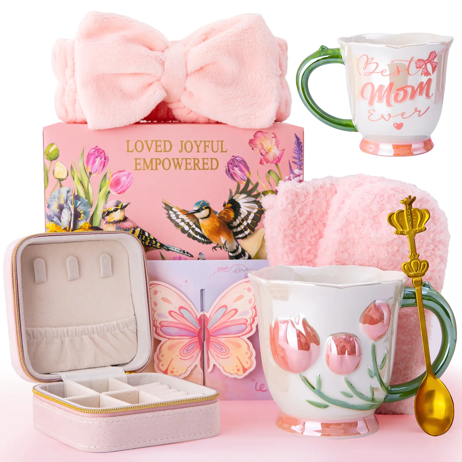 Birthday Gift for Mom, 7Pcs Thank You Gifts for Mom, Mother'sDay Gifts for Mom, 18Oz Ceramic Tulip Mug Set with Headband Spoon Socks Card Gift Box Jewelry Case for Christmas Mothers Day Valentine