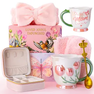 Mother'sDay Gifts for Mom, 7Pcs Birthday Gift Ideas for Mom, Thank You Gifts for Mom 18Oz Ceramic Tulip Mug Set with Headband Spoon Socks Card Gift Box Jewelry Case for Christmas Mothers Day Valentine