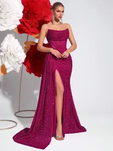 Women's Sparkle Waist Cinched Evening Dress, High Slit, Elegant Party Gown, Sleeveless Backless Design, Formal Occasions, Christmas Gift