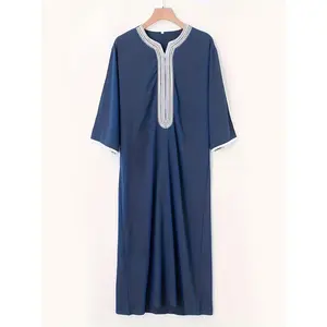 Men's 2025 New Arabic-Inspired Long Robe - 100% Polyester V-Neck Three-Quarter Sleeve Design, Navy Blue & White Trim, Regular Fit All-Season Clothing & Cultural Attire