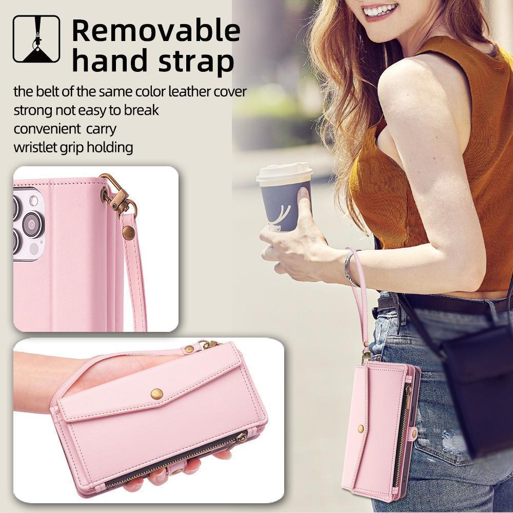 Smartphone, women's wallet protective case, supports wireless charging, with RFID card holder, detachable magnetic case, crossbody strap, wristband zipper mobile wallet, Cash, Protection, Accessories For iphone 17 phone case /16/15/14/13/12 Pro Max Plus