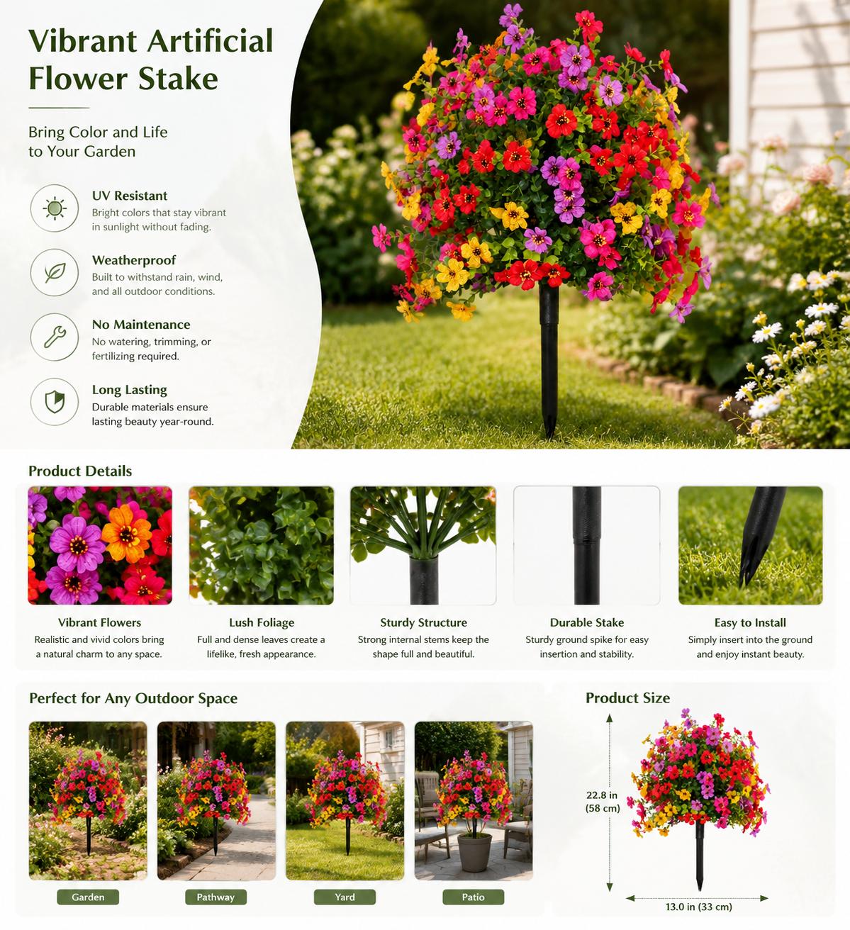 Outdoor/Indoor UV-Resistant & Waterproof Artificial Flower Decor — Artificial Flower Bouquets with Ground Stakes, Ideal for Porches, Patios, Gardens, and Home Courtyards — Realistic Faux Plastic Flowers with Ground Inserts