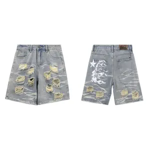 Men Women Torn and tattered Hell printed star denim Stu shorts five-quarter length trousers