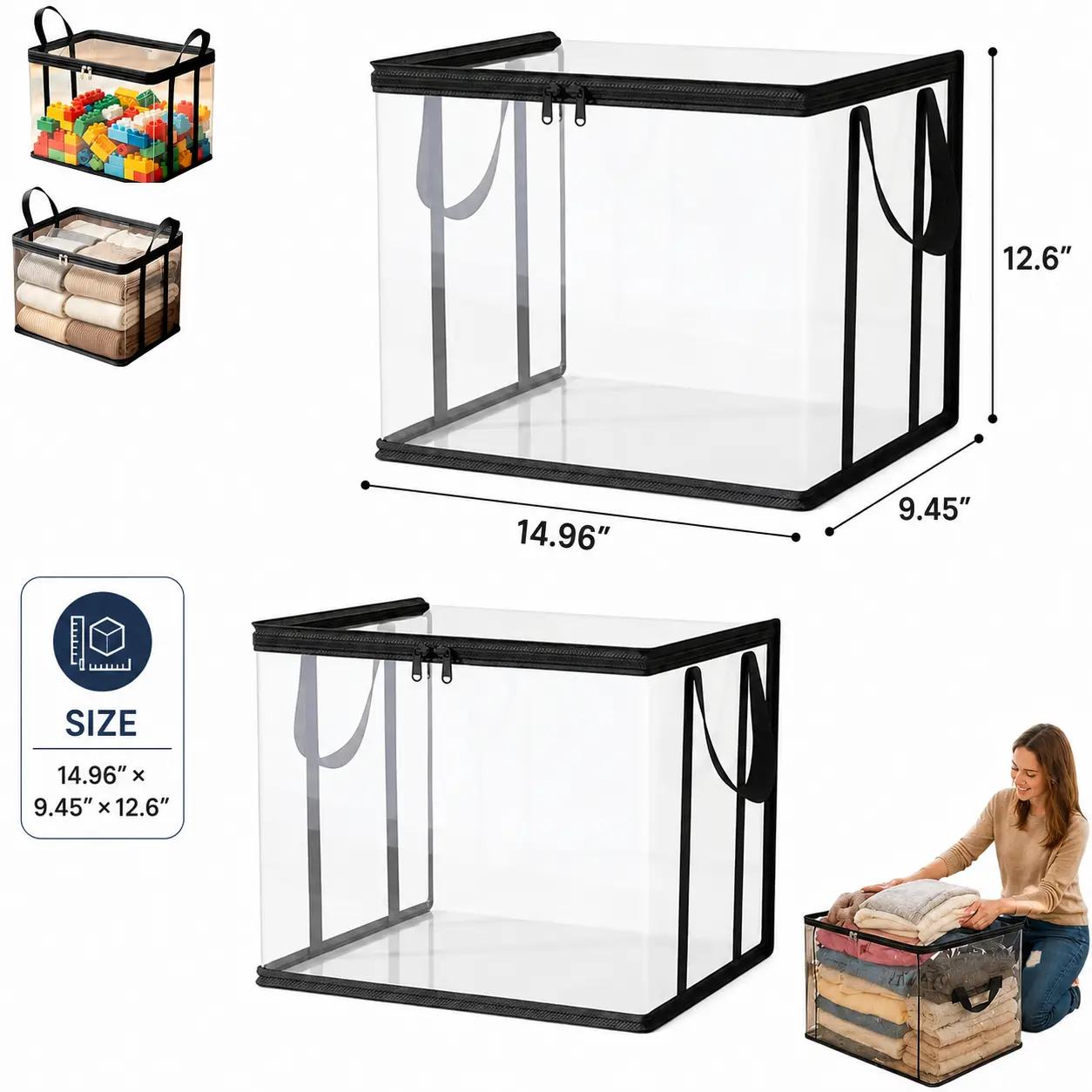 2Pcs, Stuffed Storage Pvc Organizer Bag Doll Storage Container Waterproof, Large Heavy Duty Thick Plastic Clear Storage, Large Clear Thick Plastic Storage Box with HingedLid for Clothes(14.96x9.45x12.6inches)