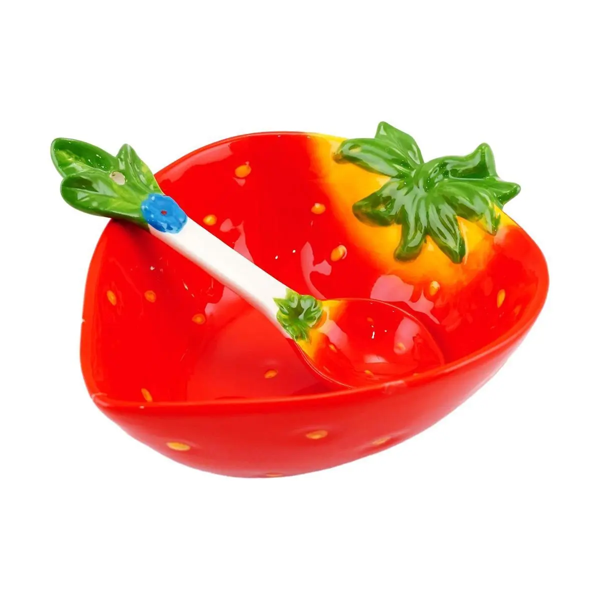 Golden Lion Strawberry Ceramic Dessert Bowl Set - Cute Fruit Salad Bowl with Spoon, 15cm Wide