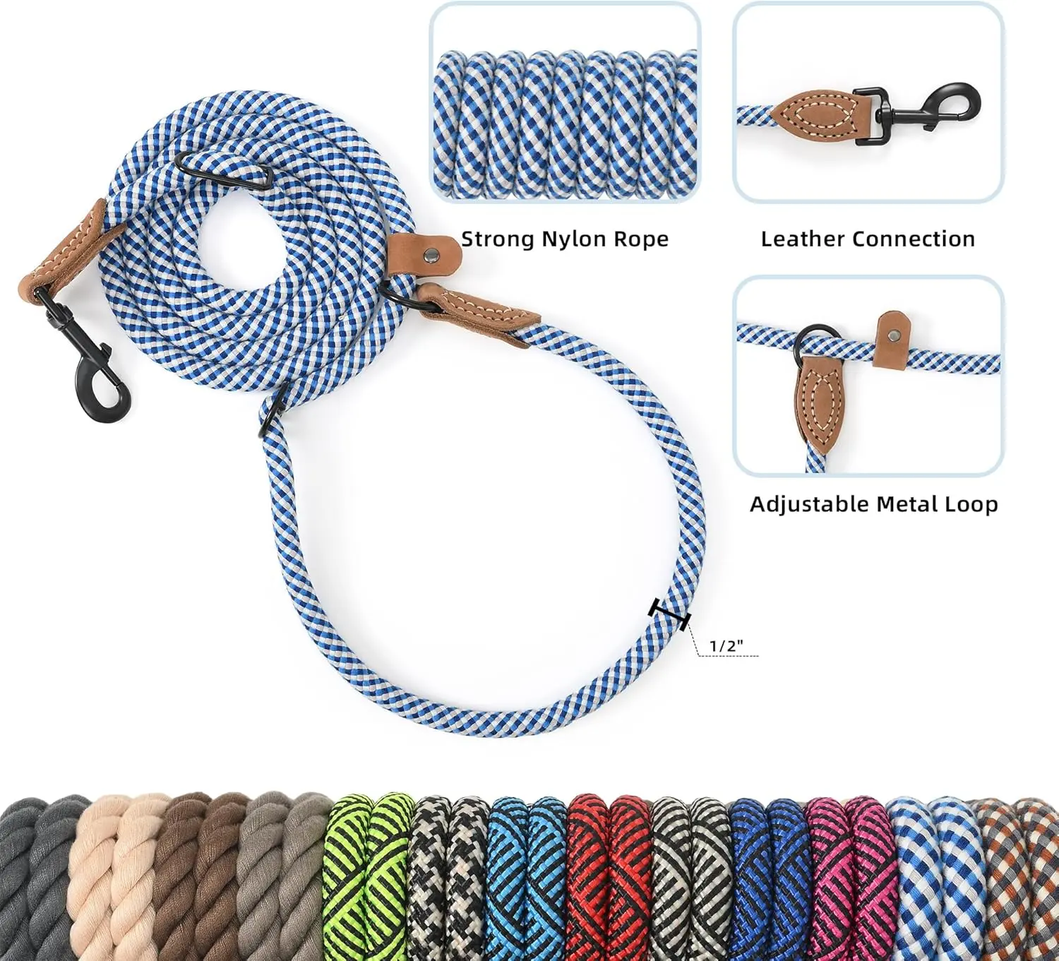 Mile High Life Hands-Free Dog Leash Crossbody Waist Leash with Genuine Leather Connection Multifunctional Adjustable Slip Lead for Dog Walking Running 7/8 ft Length 1/2" Diameter Classic Braided Cotton Rope 360° Swivel Clasp- Dual-handled