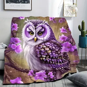 1Pc Owl Flannel Blanket - Soft, Cozy, And Multifunctional For Bed, Sofa, Office, Or Camping - Featuring A Beautiful Purple Owl With Floral Design - All-Season Comfort, Owl Decor