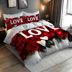 2/3 Piece Romantic Red and White Heart Rose Letter Pattern Duvet Cover Set Valentine's Day 3D Digital Printing All-Season Bedding Set, Soft and Comfortable Duvet Cover, Suitable for Bedroom, Guest Room 1 Duvet Cover + 1/2 Pillowcase, Coreless