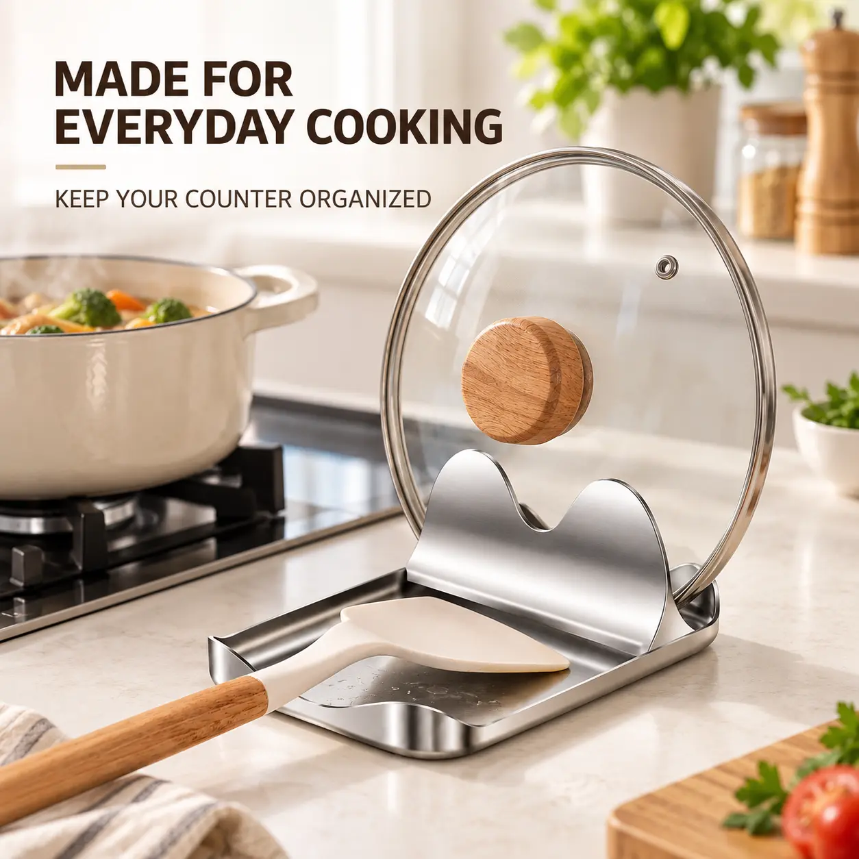 2026 New Pot Lid Holder, 1 Count Soup Spoon Rack, Cooking Spatula Rest Holder, Pot Lid Rest Stand, Tableware Storage Rack, Kitchen Supplies Kitchenware Home Cutlery Steel-MM