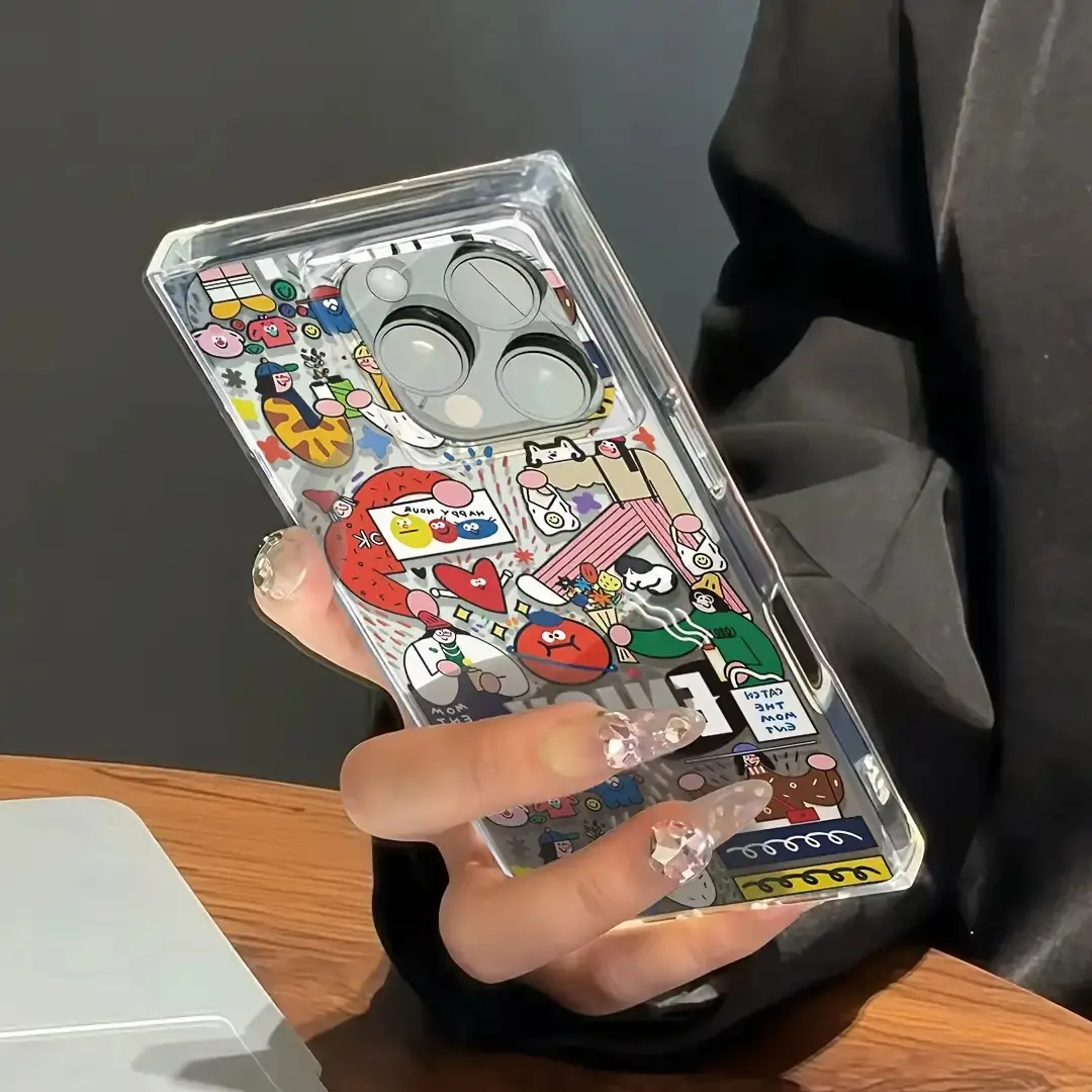 1 piece Fashion square design cute colorful ins style graffiti cartoon print anti-fall shockproof full cover mobile phone case for girls suitable for iPhone 16pro Max/16pro/16plus/16/15/14/13/12 cute fashion Halloween Valentine's Day Christmas gift