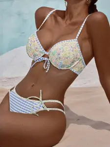 Women's Two-Piece Bikini Set, Cute Floral Print Striped Design, Thin Shoulder Strap Beachwear, Perfect for Vacation & Summer