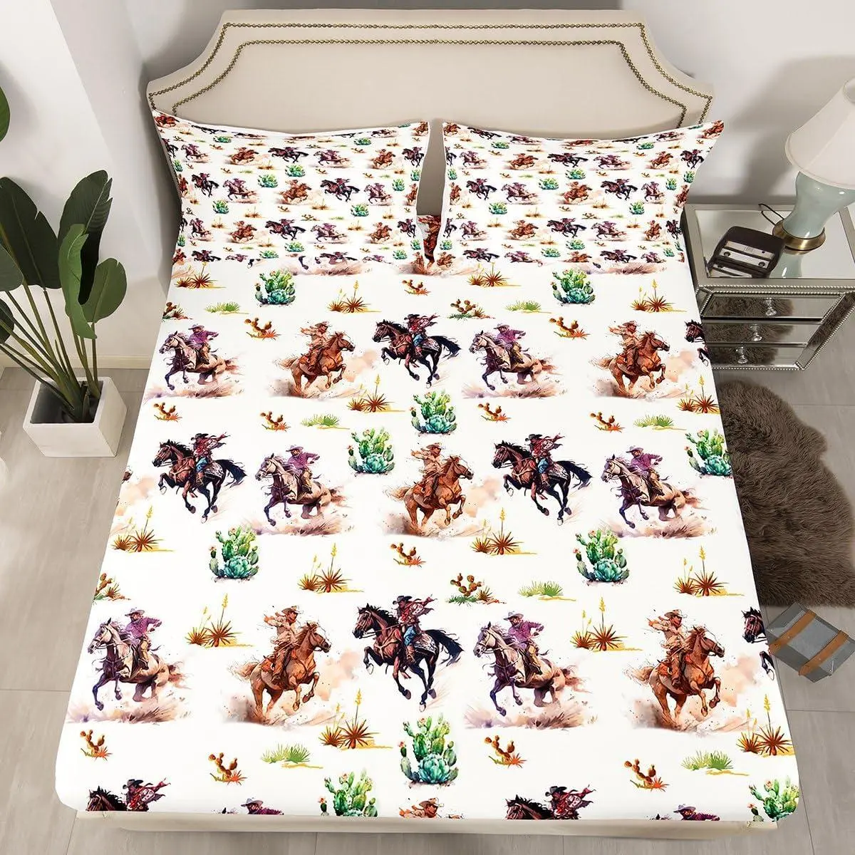 Western Cowboy Kids Fitted Sheet,Cowboy Horse Cactus Rustic Farmhouse Bedding Set,Boys Men Adults Bedroom Decor,Country Cowboy Hat Bed Cover,Brown Retro Bed Sheet