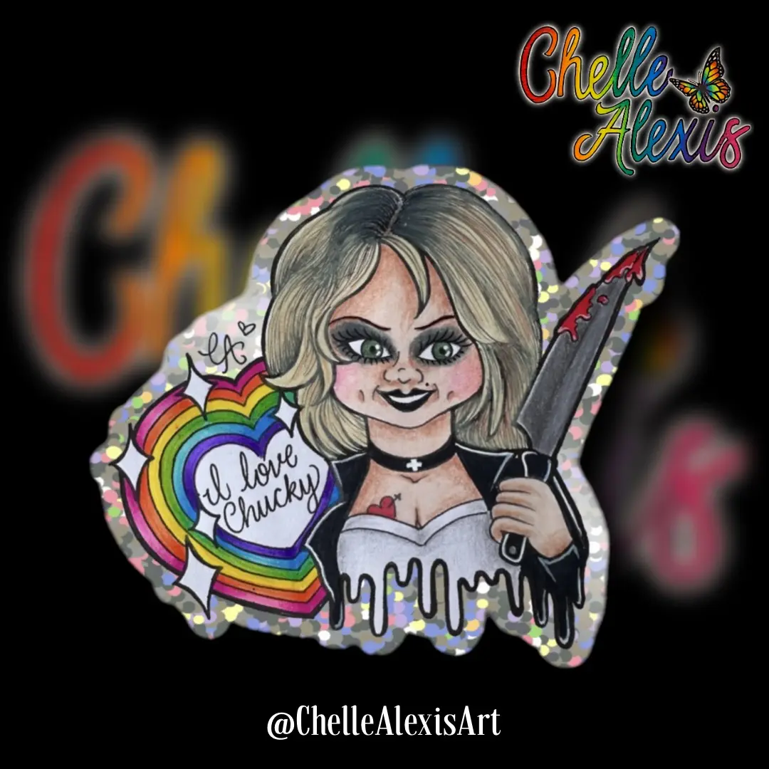 Tiffany Valentine I Love Chucky Waterproof Holographic Glitter Vinyl Decal Sticker 3” Classic Horror Movie Chucky's Bride Halloween Spooky
