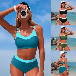 Women's Color Block High Waisted Bikini Set | Adjustable Strap Tie Back Two Piece Swimsuit, Tummy Control Bathing Suit for Summer Vacation
