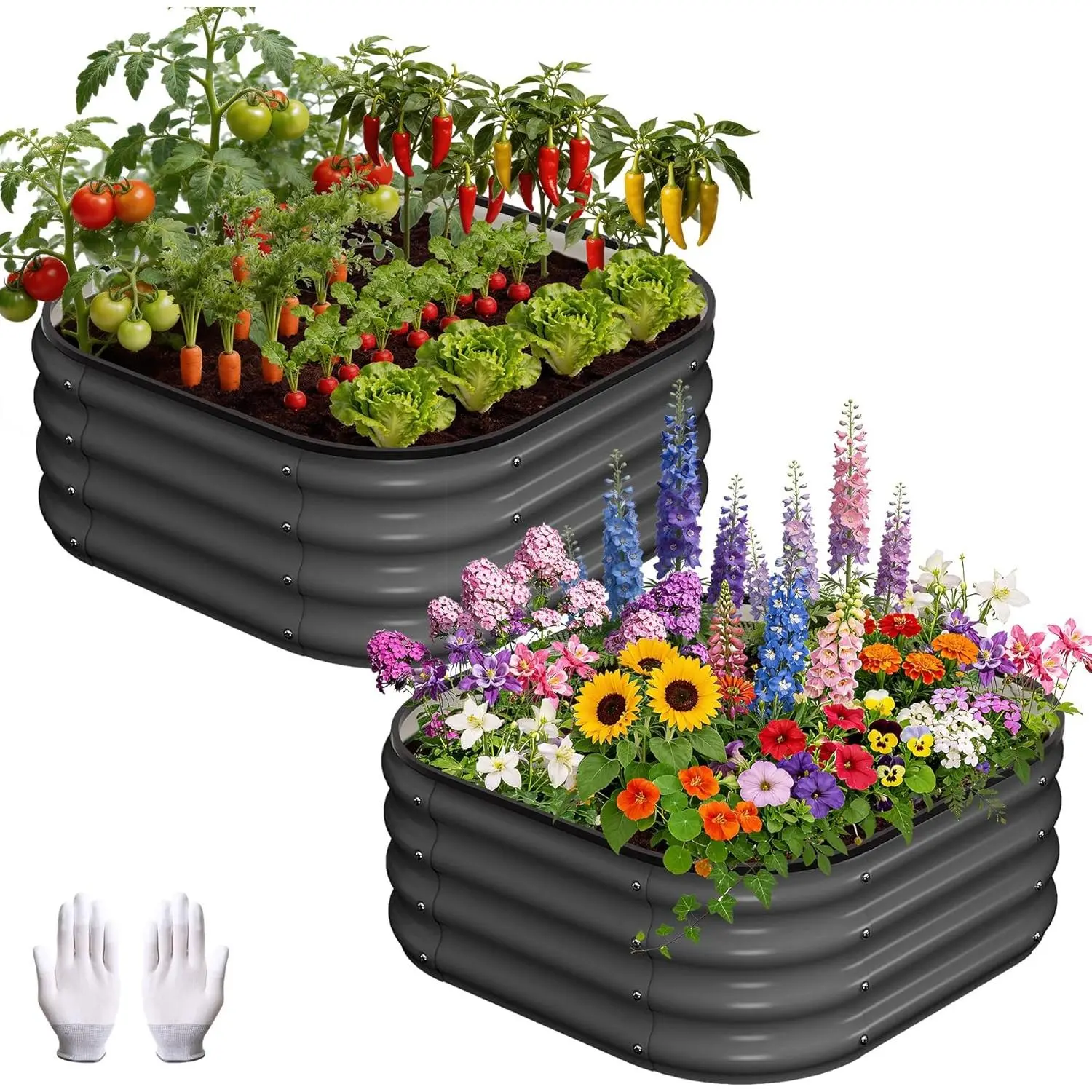 2 Pcs Galvanized Raised Garden Bed Outdoor Squircle Vegetables, Flowers & Herbs Planter Raised Beds with Gloves & Rubber Edge Trim for – 2×2×1 FT