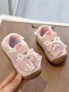 Girls' Plaid Pearl Butterfly Shoes with Velcro, Breathable Mesh Upper, Soft Sole, Comfortable and Versatile, Easy to Wear, Bowknot Design Flats