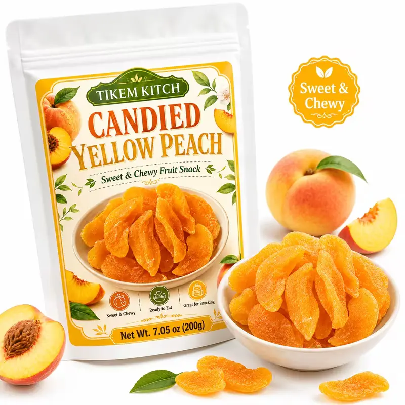 7.05 oz / 200 g Candied Yellow Peach Slices, Soft & Chewy Fruit Snack for Snacking, Baking, Trail Mix and On-the-Go Treats, Great for Breakfast Bowls, Picnics and School Lunches
