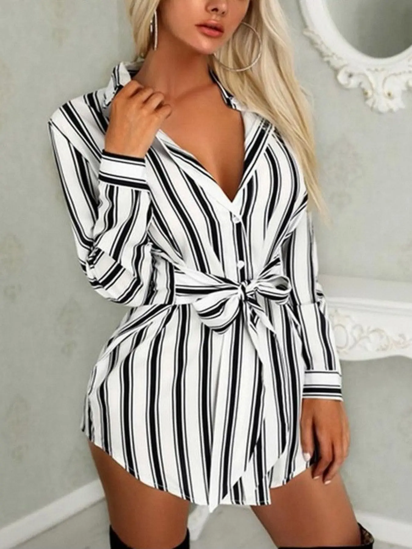Elegant Striped Belted Long Aesthetic Shirt Top for Women, Spring & Fall Woven Fabric, Moderate Thick, Fitted Design, Stylish Casual Wear, Casual Classy Fashion