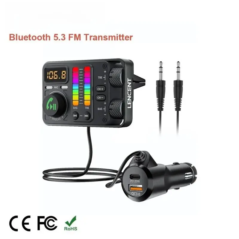 Car FM Transmitter AUX Audio Adapter, Treble and Bass Adjustable Sound, Support USB Flash Drive MP3 Player, Voice Assistant, Type C PD 20W QC3.0 USB Fast Charging Car Charger, Wireless Hands Free Calling Car Kit, Automotive, Vehicle Adapter