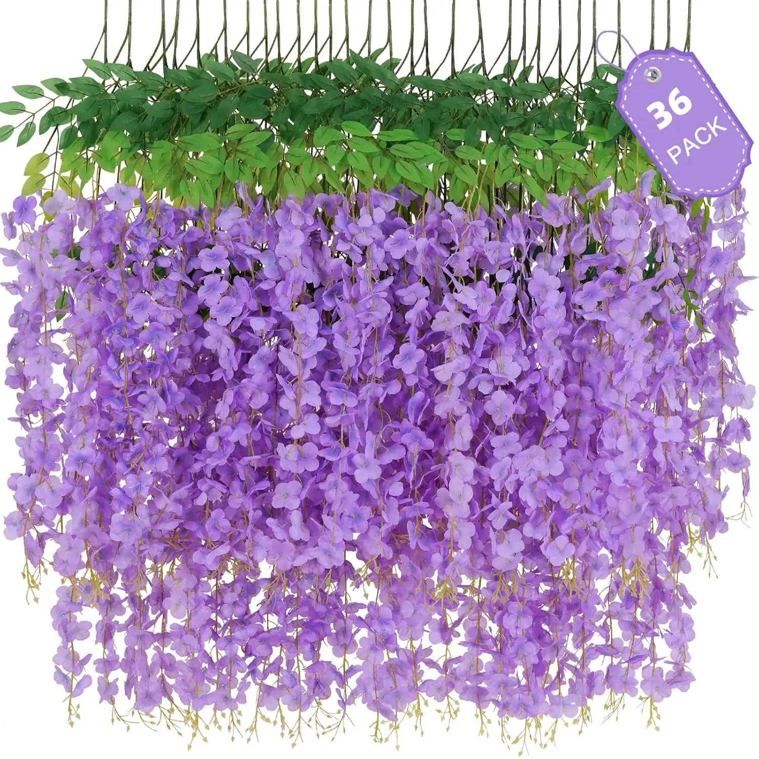 36pcs Artificial Wisteria Flowers 3.6 Feet/Piece Purple Dense Artificial Fake Wisteria Vine Ratta Hanging Garland Silk Flowers String Home Party Wedding Decor（Purple-Dense） Fake Ivy Vine Faux Plants Indoor Decorative Ornaments