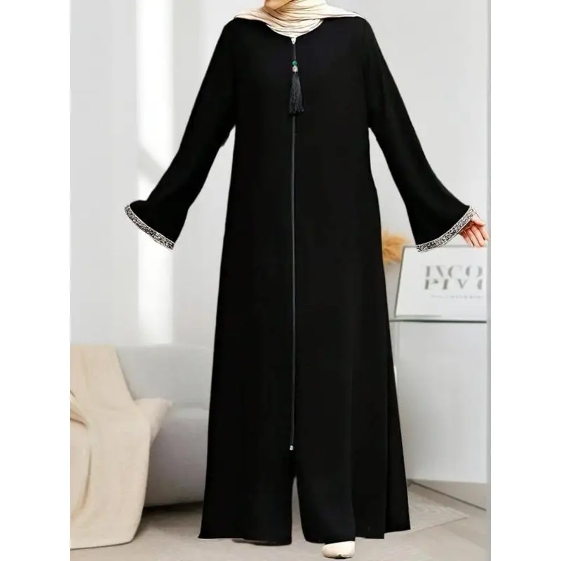 Women's Solid Fringe Design Zip Up Long Tunic Dress, Casual Long Sleeve Flounce Sleeve Dress for Daily Wear, Ladies Islamic Clothing for All Seasons,