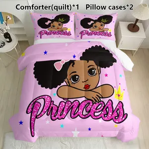 African American Princess Bedding Set, 1 Comforter & 2 Pillowcases, Kids Girls Bedroom Decor, Princess Theme, Synthetic Fiber Material