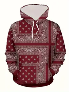 Men's Casual Hooded Sweatshirt, Paisley Print, Polyester Knit Fabric, Kangaroo Pocket, Slight Stretch, Outdoor Sports Wear