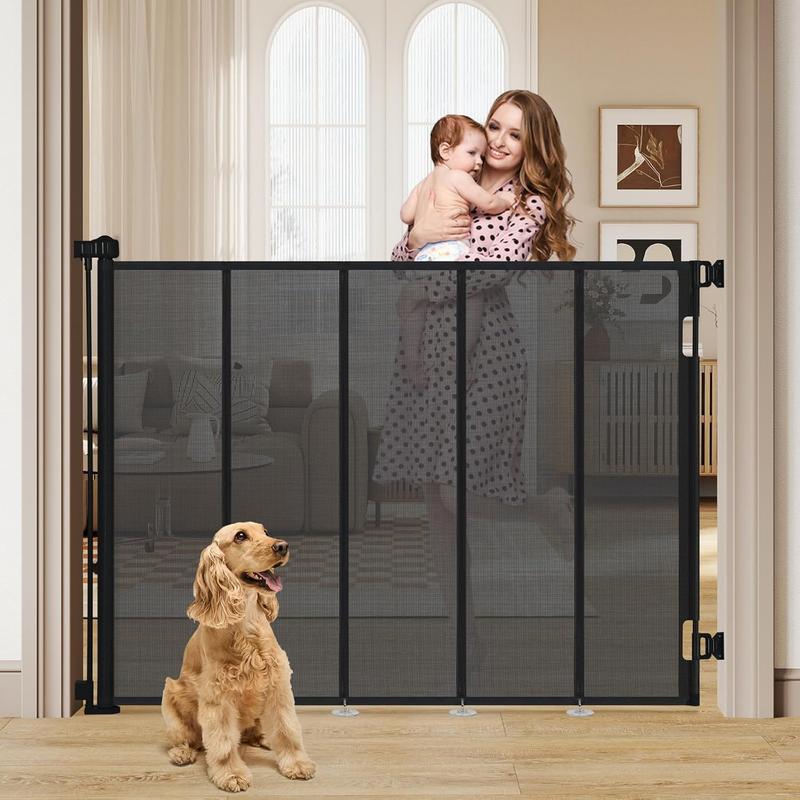 SMONTER 47” Extra Tall Retractable Baby Gate, (Newly upgraded hook design) Reinforced Mesh Dog Gate Extends to 59" Wide, Baby Gate for Stairs, Doorways, Hallways, Indoor and Outdoor, Black