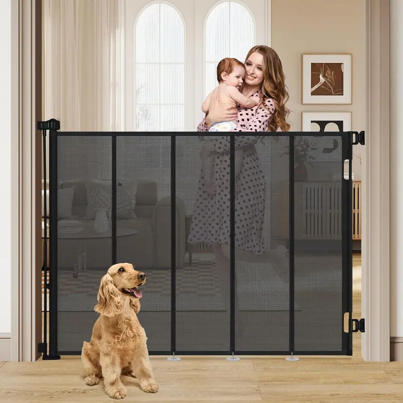 SMONTER 47” Extra Tall Retractable Baby Gate, (Newly upgraded hook design) Reinforced Mesh Dog Gate Extends to 59" Wide, Baby Gate for Stairs, Doorways, Hallways, Indoor and Outdoor, Black