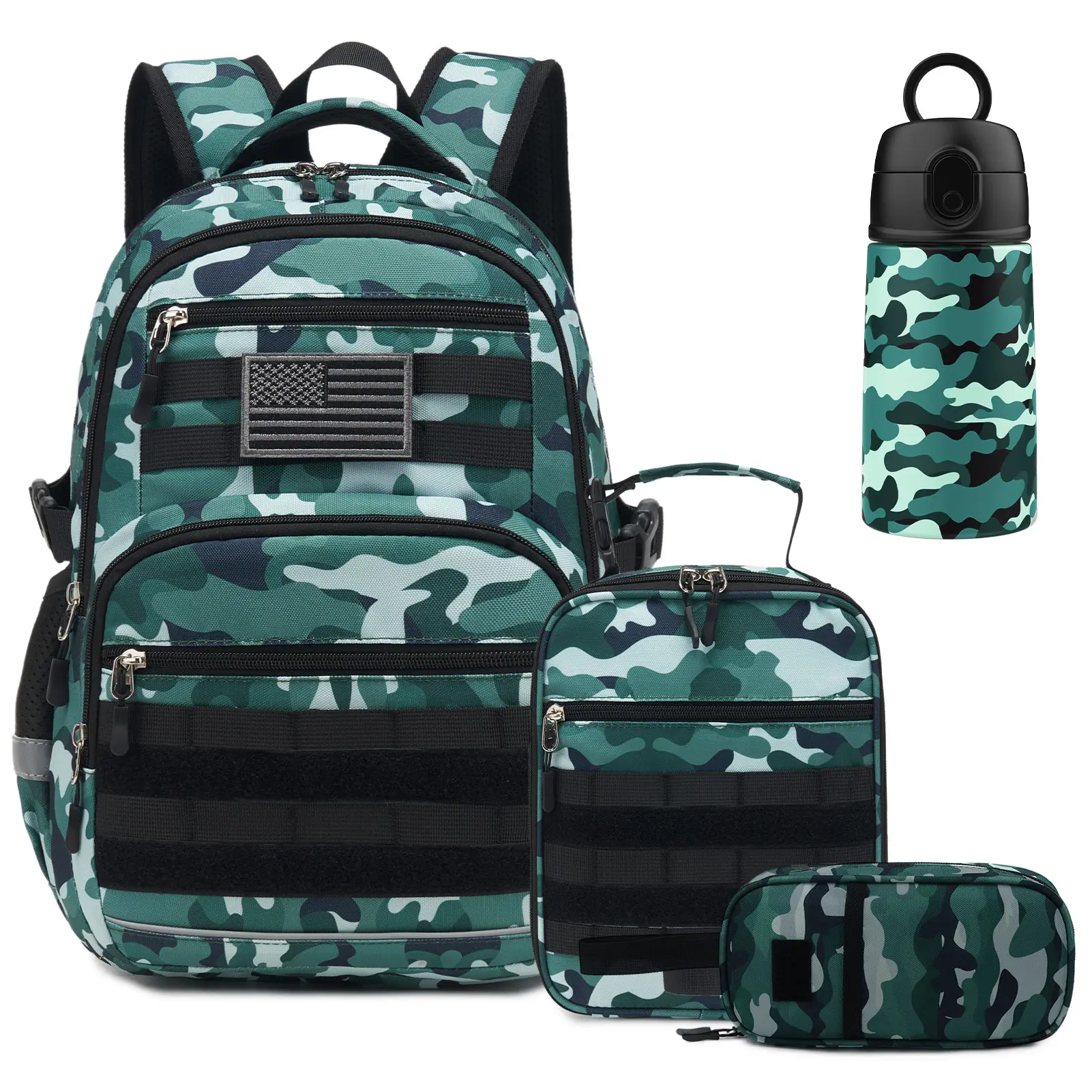 Similove Camo Backpack for Boys, Boys Tactical Backpack with Lunch Box and Pencil Case, Kids Military Army Bookbag for Kindergarten Elementary School Bag Travel Camping, S