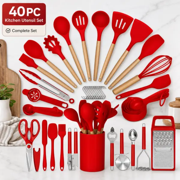 40PC Heat-Resistant Silicone Cooking Utensils Set with Wooden Handle & Stand - 40pc Black Silicone, Pink, Red Tools, Cooking Gadgets for Non-Stick Cookware (Includes Turner)