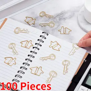 Golden 100 Pieces Key House-Shaped Metal Paper Clips,Multi-Word Clip, Memo Clip, File Binding Clip for Office Data Organization - Home Improvement.