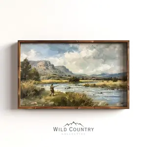 Vintage Fly Fishing Oil Painting, River Landscape Poster Unframed  Poster Unframed , Montana Art, Fly Fishing Wall Decor, Fishing Gift, Boys Bedroom Wall Art