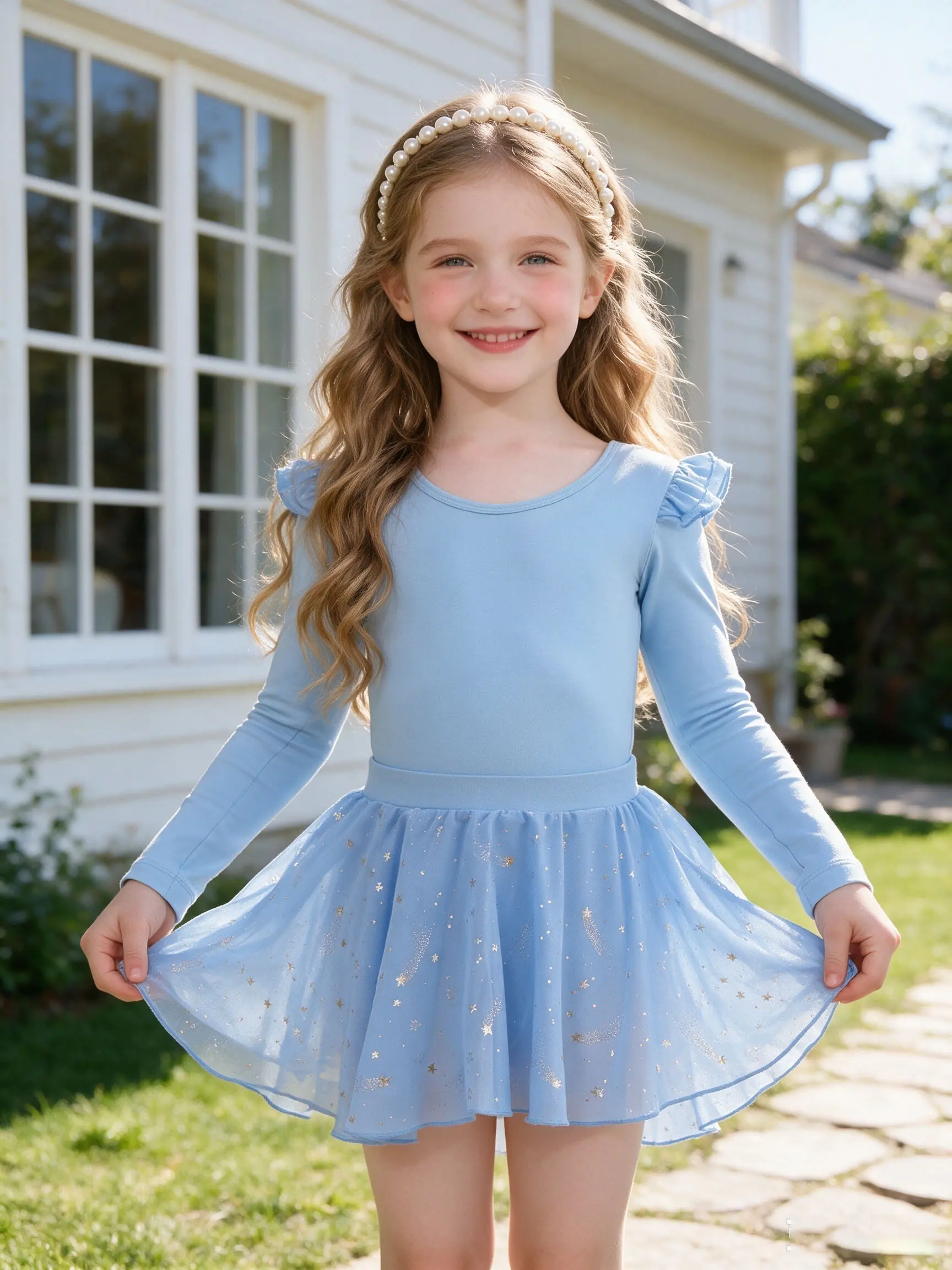 Girls' Long-Sleeve Ruffle Shoulder Tutu Ballet Leotard with Star Glitter Tulle Skirt, Kids' Gymnastics Dance Costume school gift