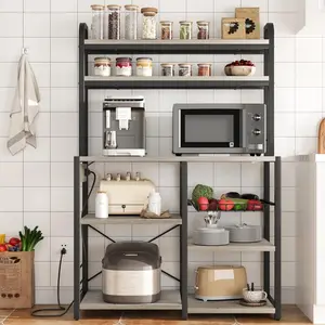 Gaomon 5-Tier Metal Frame Bakers Rack with Power Outlet, Ventilated Storage Shelves, Wire Mesh Basket, Side Bars, Microwave Stand, Coffee Bar Station for Seasonings, Dishes, Gray Kitchen Organization Solution