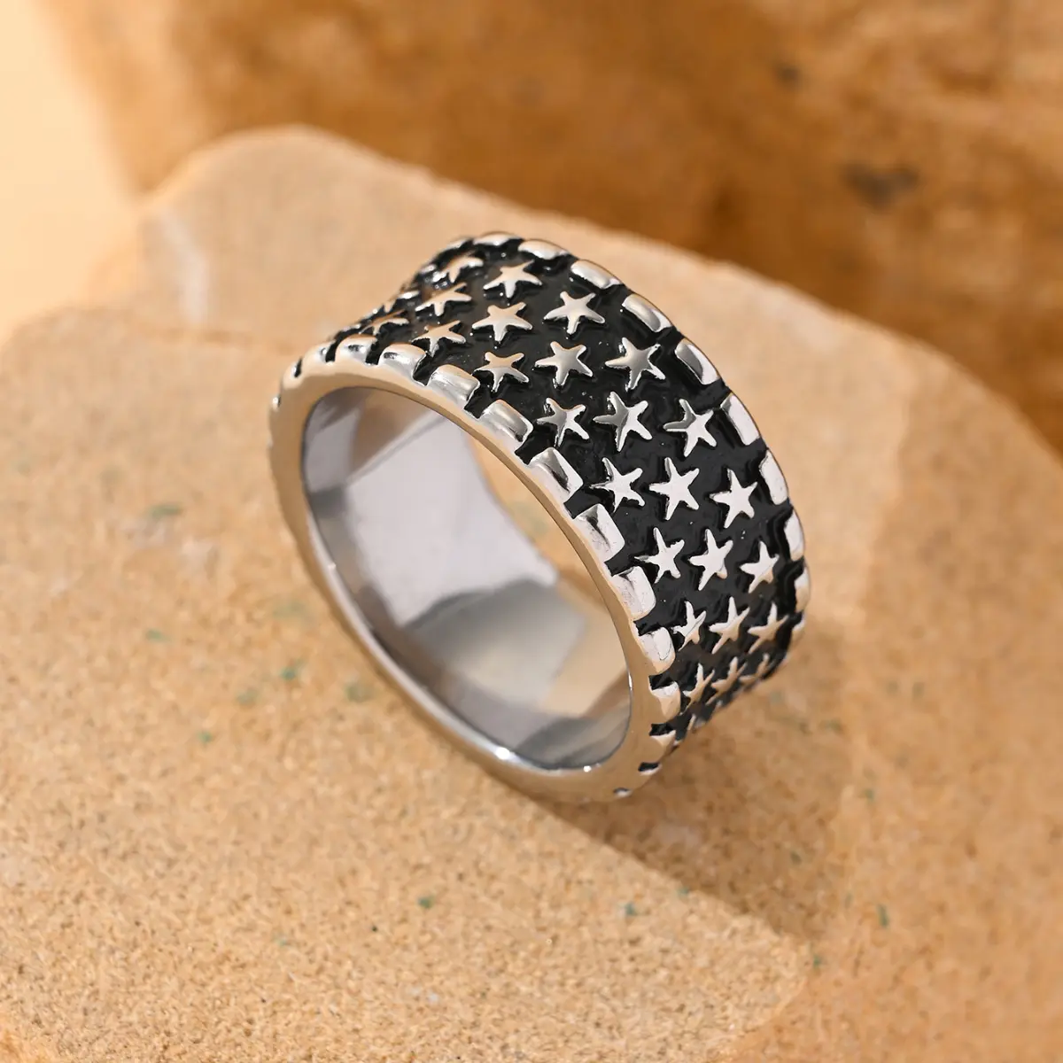 Men's Wide Face Stainless Steel Fashion Rings - Simple Geometric Pentagram Pattern, Business-Style Male Jewelry for Casual Wear, Minimalist Accessories