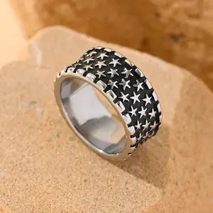 Men's Wide Band Stainless Steel Ring, Fashionable Minimalist Business-Style & Casual Wear Jewelry with Geometric Star Pentagram Pattern Design