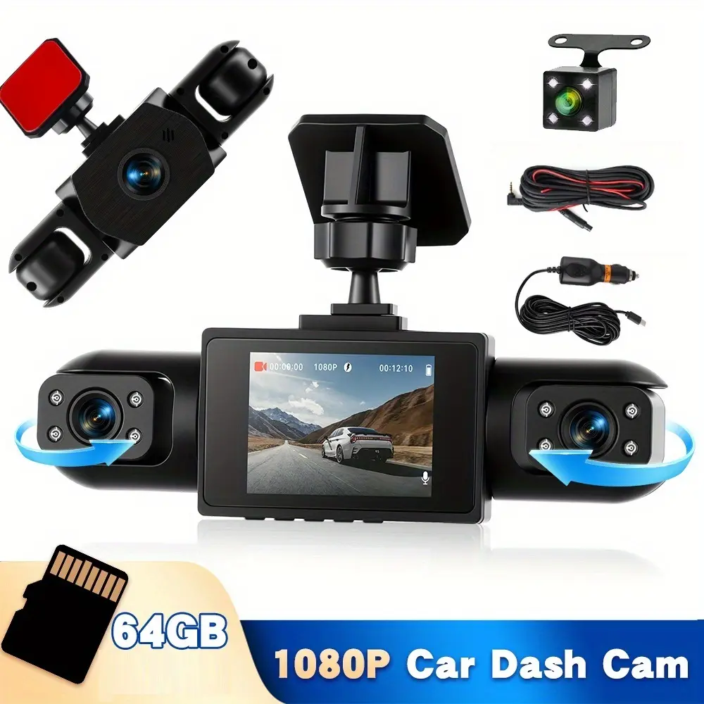 360° Car Dash Camera (Dashcam) with 1080P Front Recording, Multi-Angle Capture, 2" IPS Screen, 8 Night Vision Lights, Reverse Aid, Motion Detection, Loop Recording, 64GB C10 Card Support, 13 Languages, Rear Lens Kit | SummerVibes Father's Day Gift, Cars