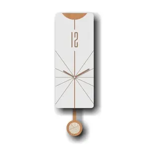 Elegant Modern Rectangular Shaped Pendulum Wall Clock, White Grey and Light Brown, MDF, 5.7'x18.3'x1.8', White Gift Box