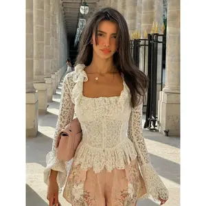 Women's Plain Lace Long Sleeve Top, Elegant Romantic Square Neck Top for Spring, Ladies Clothes for Daily Wear