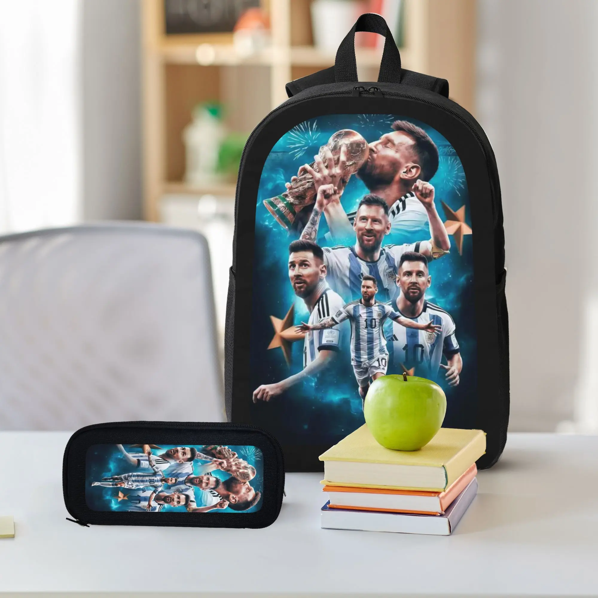 3pcs Messi Backpack Soccer Backpack Set for Men Women Lightweight Laptop Backpack, Lunch Bag and Pencil Case