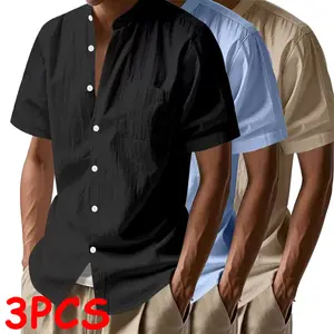 Solid color plain short-sleeve button-up shirt, regular fit casual comfortable top for summer, men’s clothing for daily wear, pajamas, loungewear, menswear everyday Beige Gamis