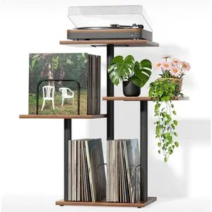 Botanical record player stand, vinyl record storage holder with plant stand, vintage turntable stand table with record album display shelf, unique record console cabinet, mid-century modern wood