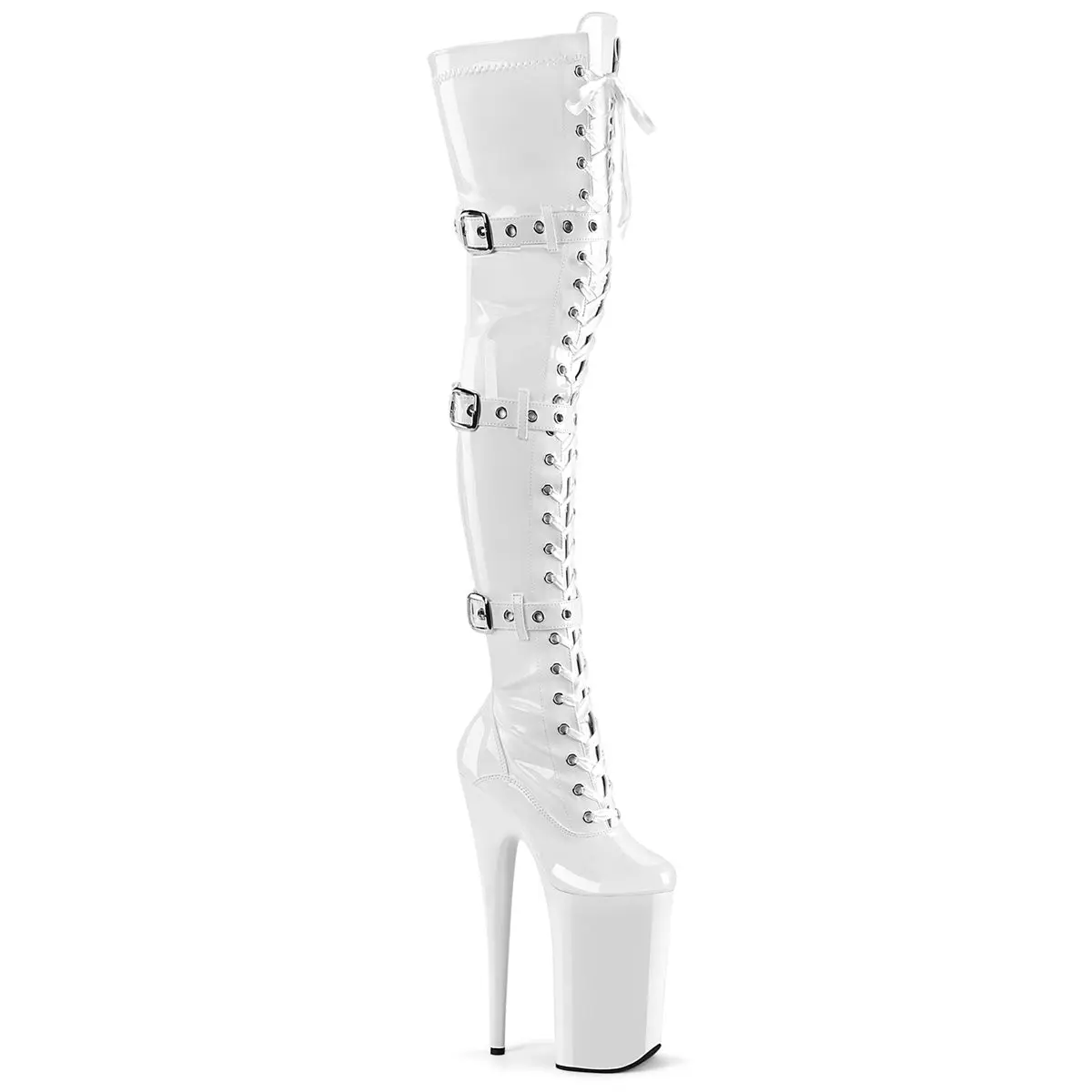 Women's Glossy White Patent Thigh High Boots - 10-Inch Extreme Heel Platform Footwear with Front Laces, Triple Buckles & Side Zipper, Boot, Glossy White Patent Finish, Synthetic